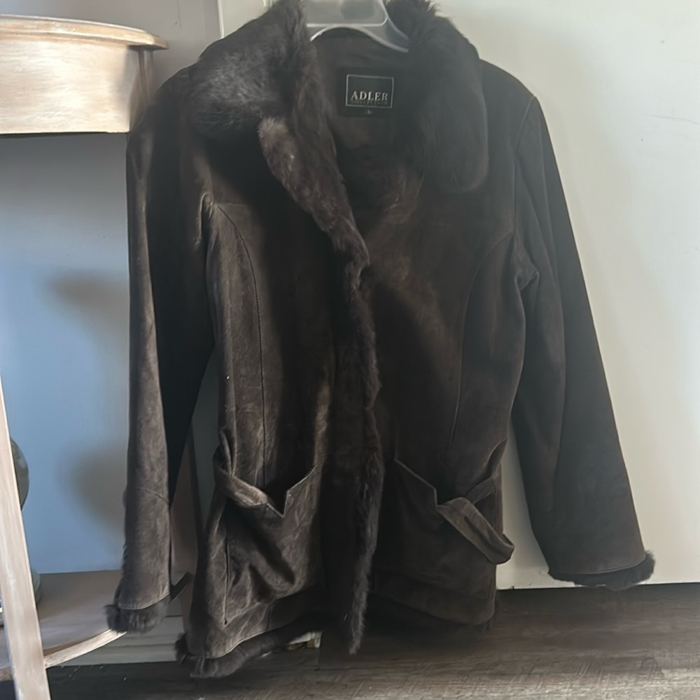 Women’s suede coat with rabbit fur collar size large dark brown, good condition